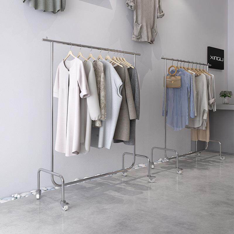 服装店展示架女装店不锈钢货架衣服架子落地式移动挂衣杆加粗带轮