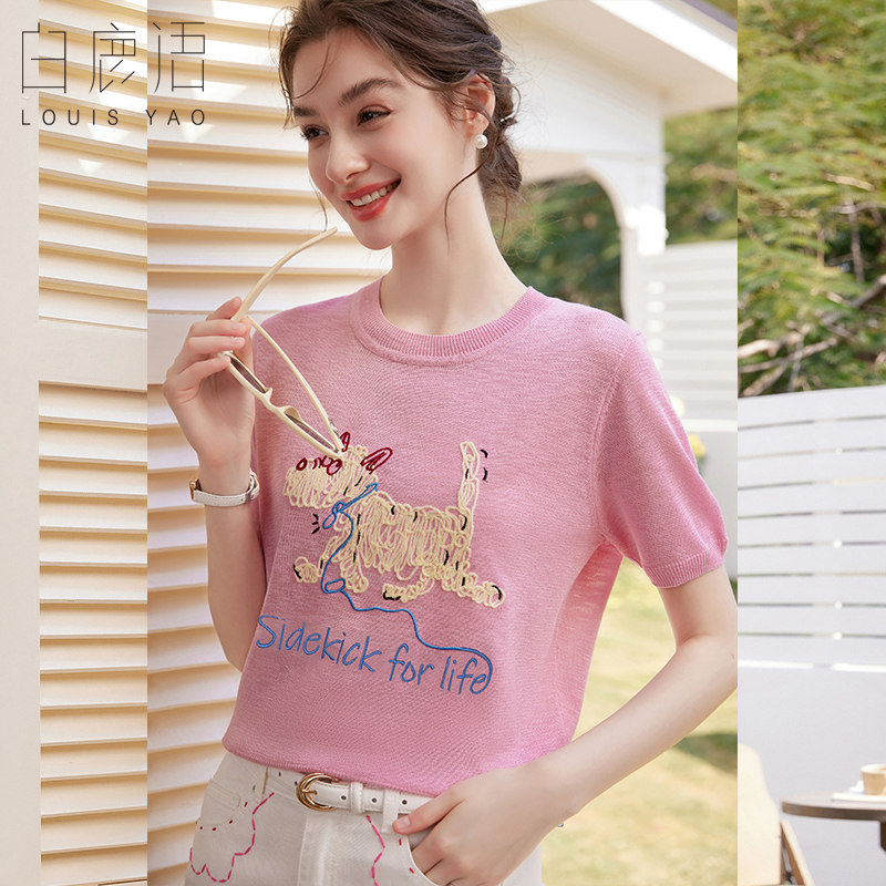 白鹿语甜美童趣刺绣圆领针织衫女26夏季新款正肩微弹套头粉色T恤