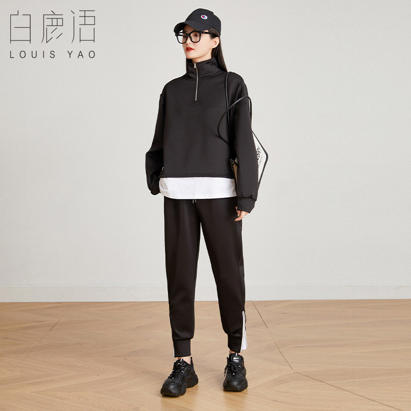 白鹿语时尚休闲黑色2件套装春秋款个性潮流慵懒卫衣休闲裤套装女
