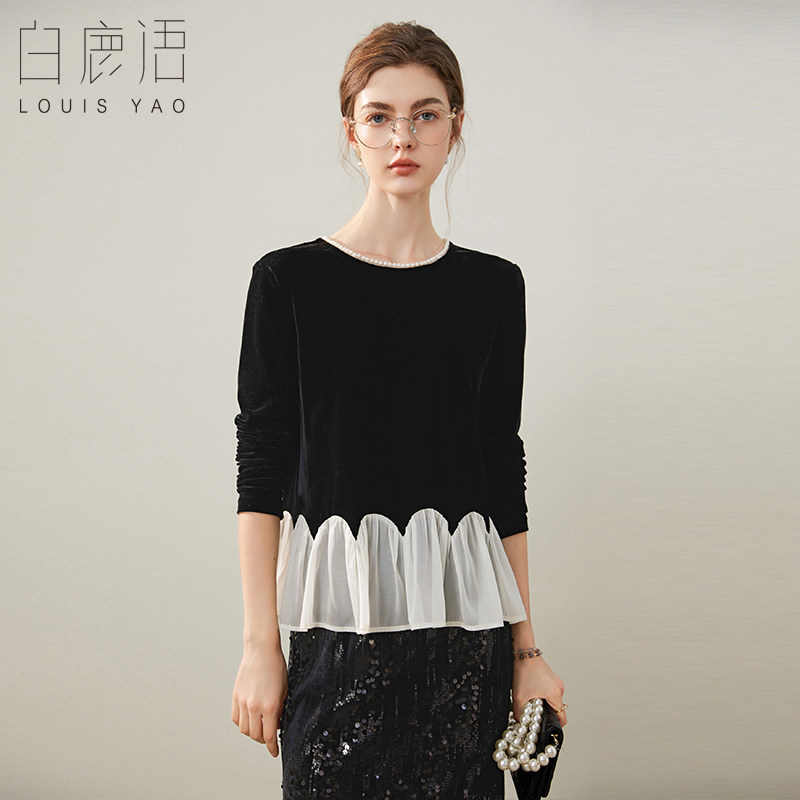 白鹿语撞色波浪摆拼接网纱上衣冬新款仿珍珠圆领丝绒衬衫女