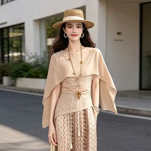 白鹿语天丝混纺假两件修身衬衫女26夏季新款设计感披肩式通勤上衣