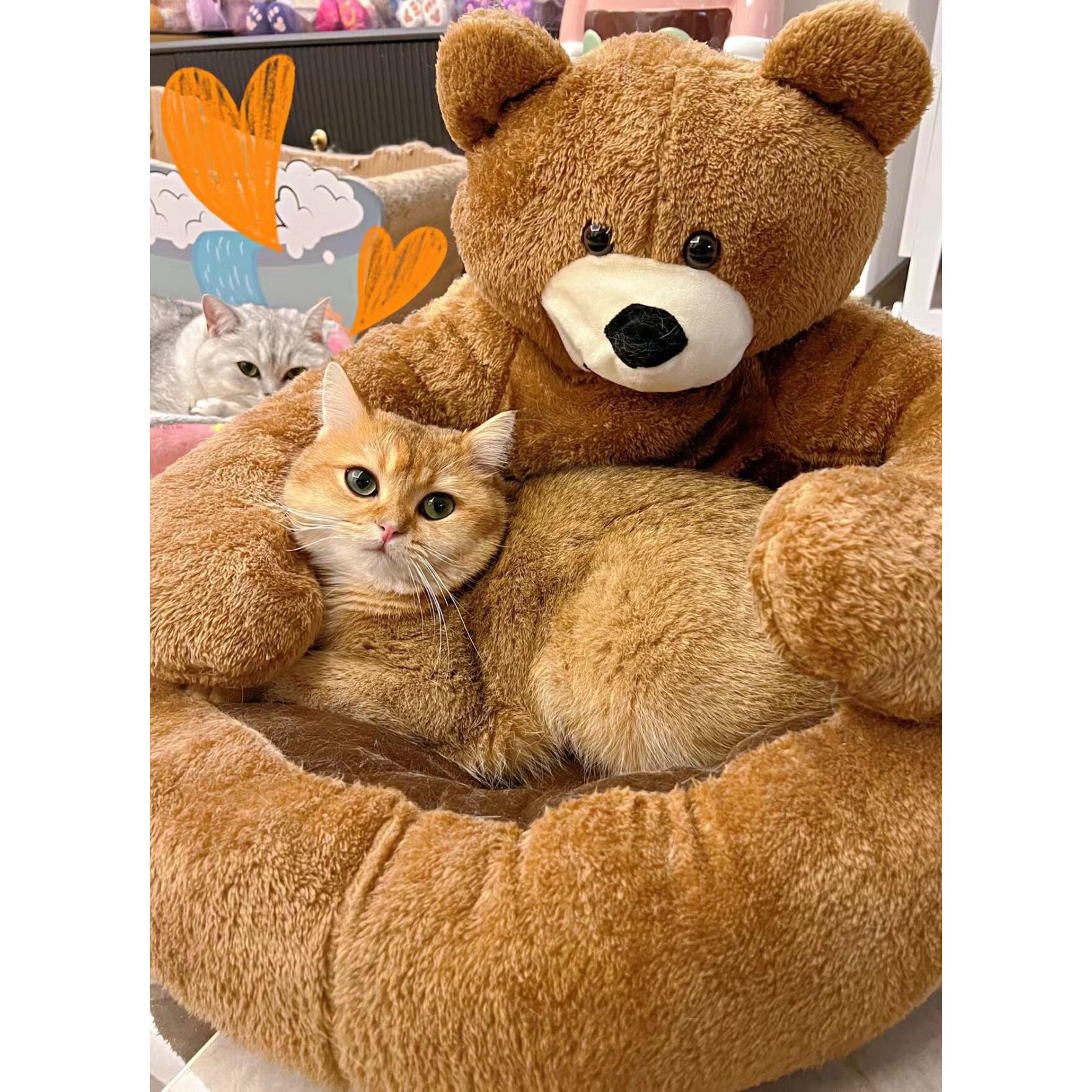 创意熊抱狗窝可移动和可洗涤的半封闭猫窝冬天温暖的猫屋羊毛衬里