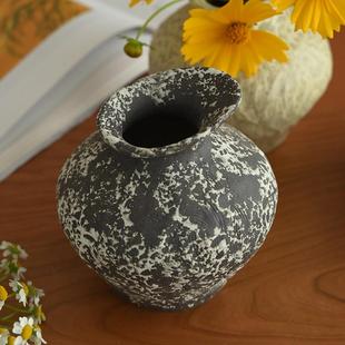 白屿 侘寂斜口粗陶花瓶新中式复古陶罐摆件高颜值花瓶民宿装饰品