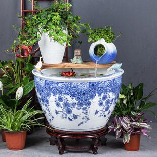 庭院大缸景德镇青花瓷水缸金鱼缸荷花缸陶罐循环流水造景水缸摆件