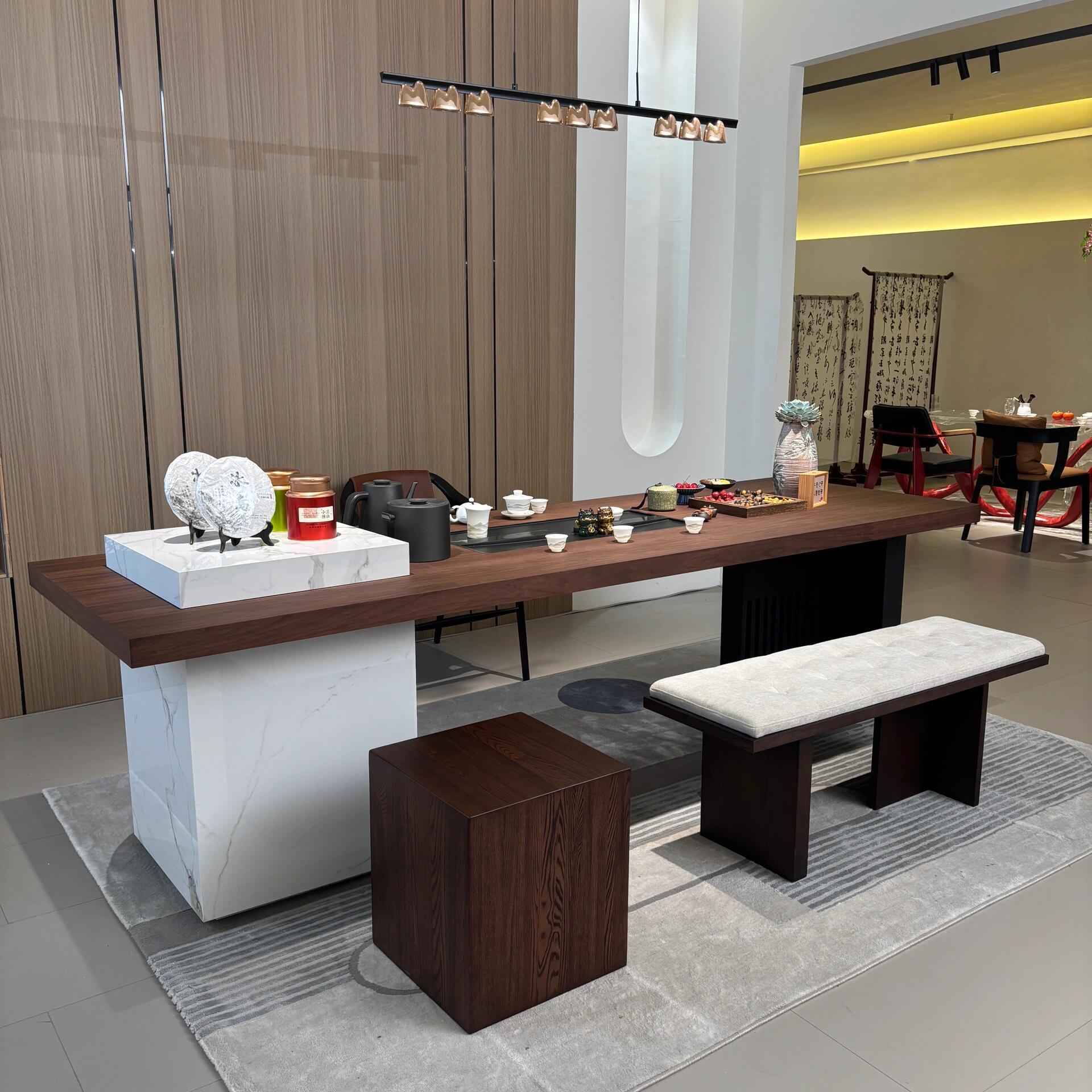 新中式胡桃木实木茶桌轻奢简约2025新款办公室会客接待岩板泡茶台