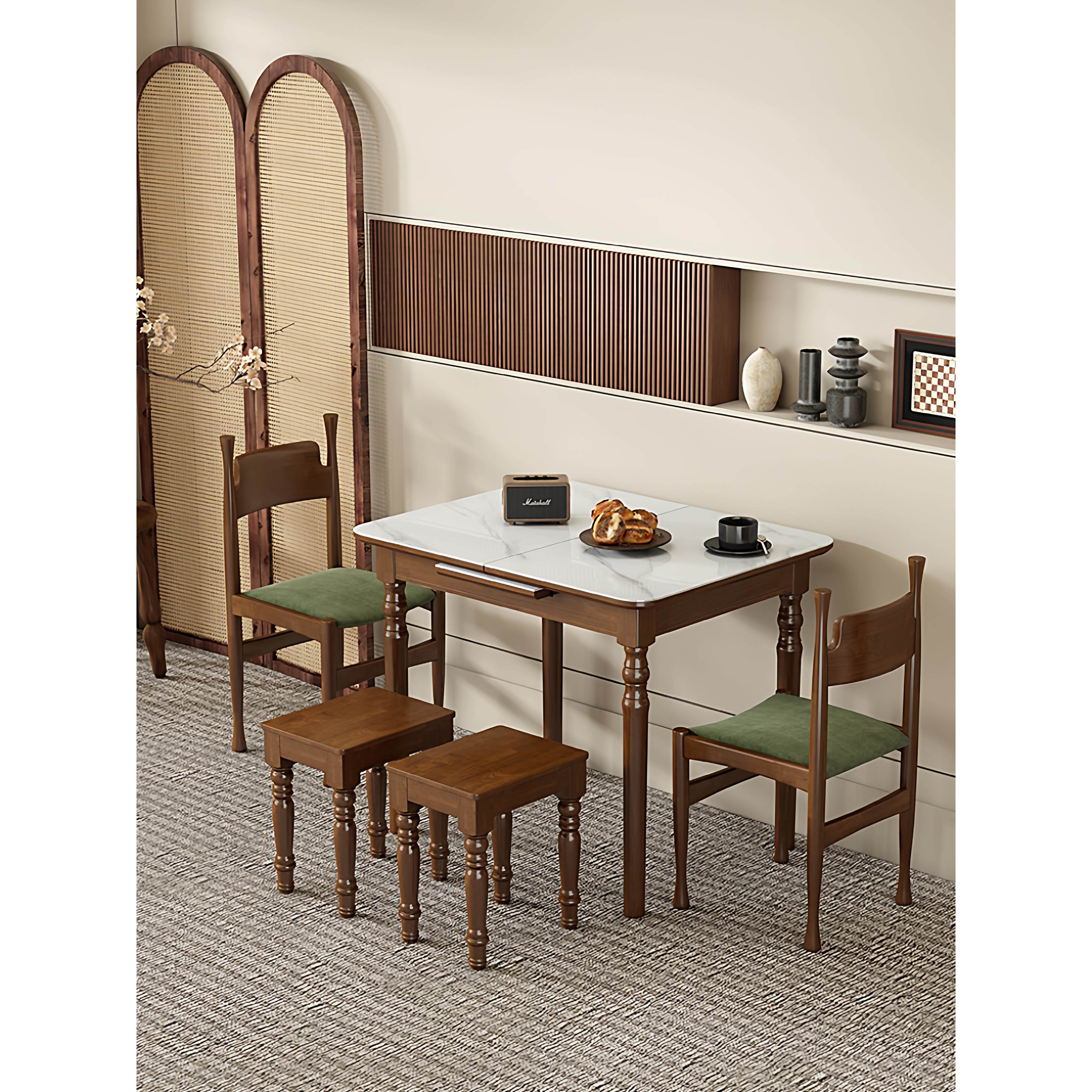 岩板推拉桌中古风实木岩板餐桌椅组合家用小户型现代简约吃饭桌子