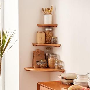 实木墙角置物架樱桃木墙上免打孔扇形隔板厨房转角隔板三角书架