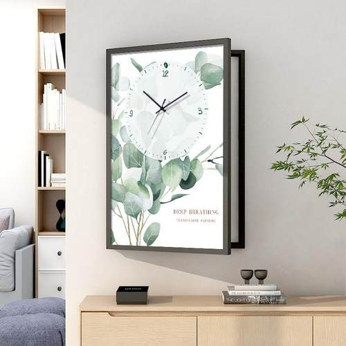 北欧风格绿植电表箱装饰画带钟表配电箱遮挡箱竖款时钟壁画
