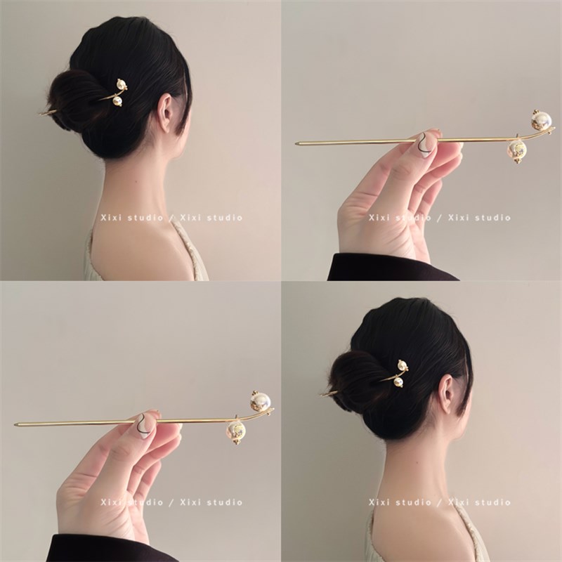 热销秋下美人图!金属珍珠金箔发簪!复古新中式现代盘发钗高级感