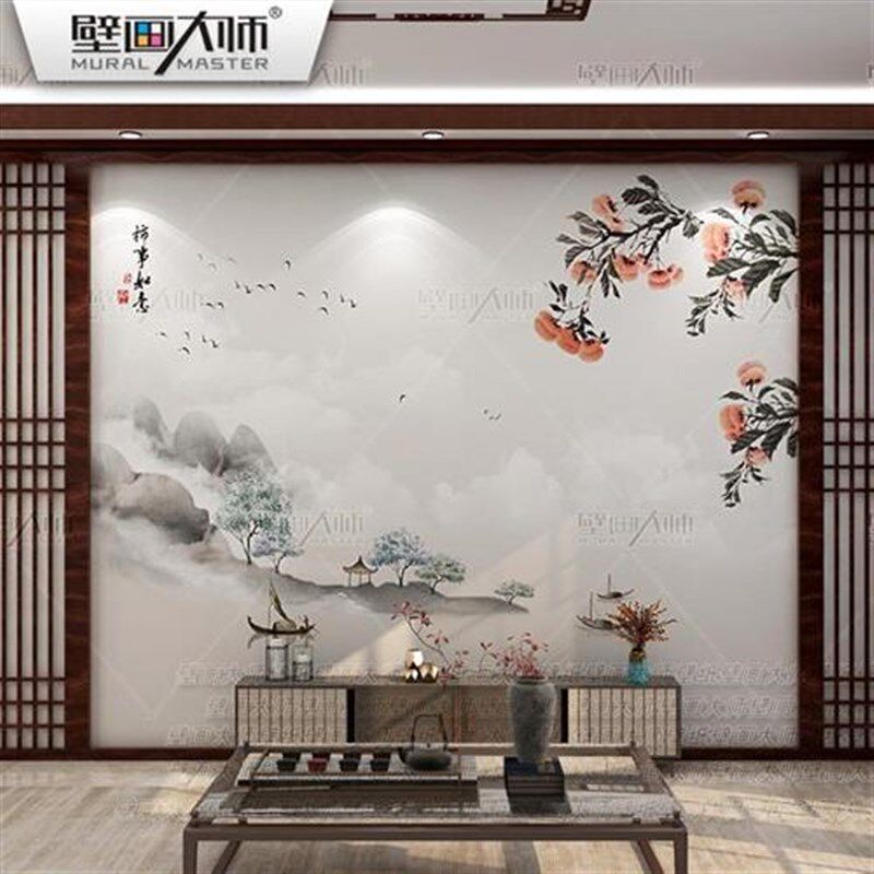 热销事事如意柿子装饰壁画 划新中式壁布电视背景墙壁纸客厅沙发