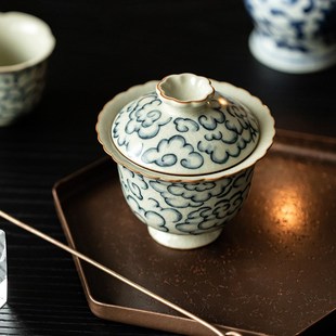 祥云汝窑花边二才盖碗喝茶碗单个茶盏不烫手茶杯仿古陶.瓷功夫茶