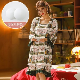 睡衣女夏季 甜美y可爱棉质女士家居服带胸垫睡衣睡袍 棉质套装 韩版