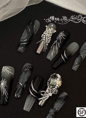 施华洛全华璀璨星河黑色系爆闪手工定制穿戴甲高级可拆卸美甲贴片