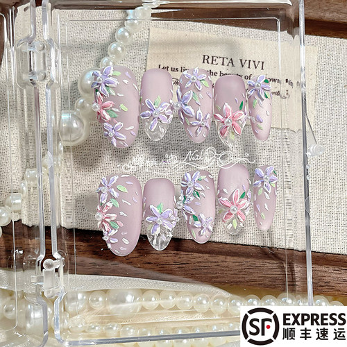 紫藤花影油画立体微雕手工穿戴甲
