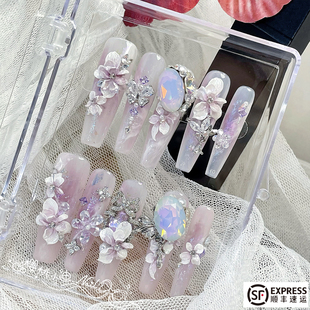 施华洛华子紫色繁花纯手工穿戴甲全华轻奢雕花气质显白美甲贴片