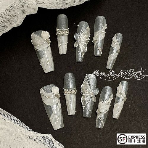 仙气婚甲冰透蝴蝶纯手工穿戴甲