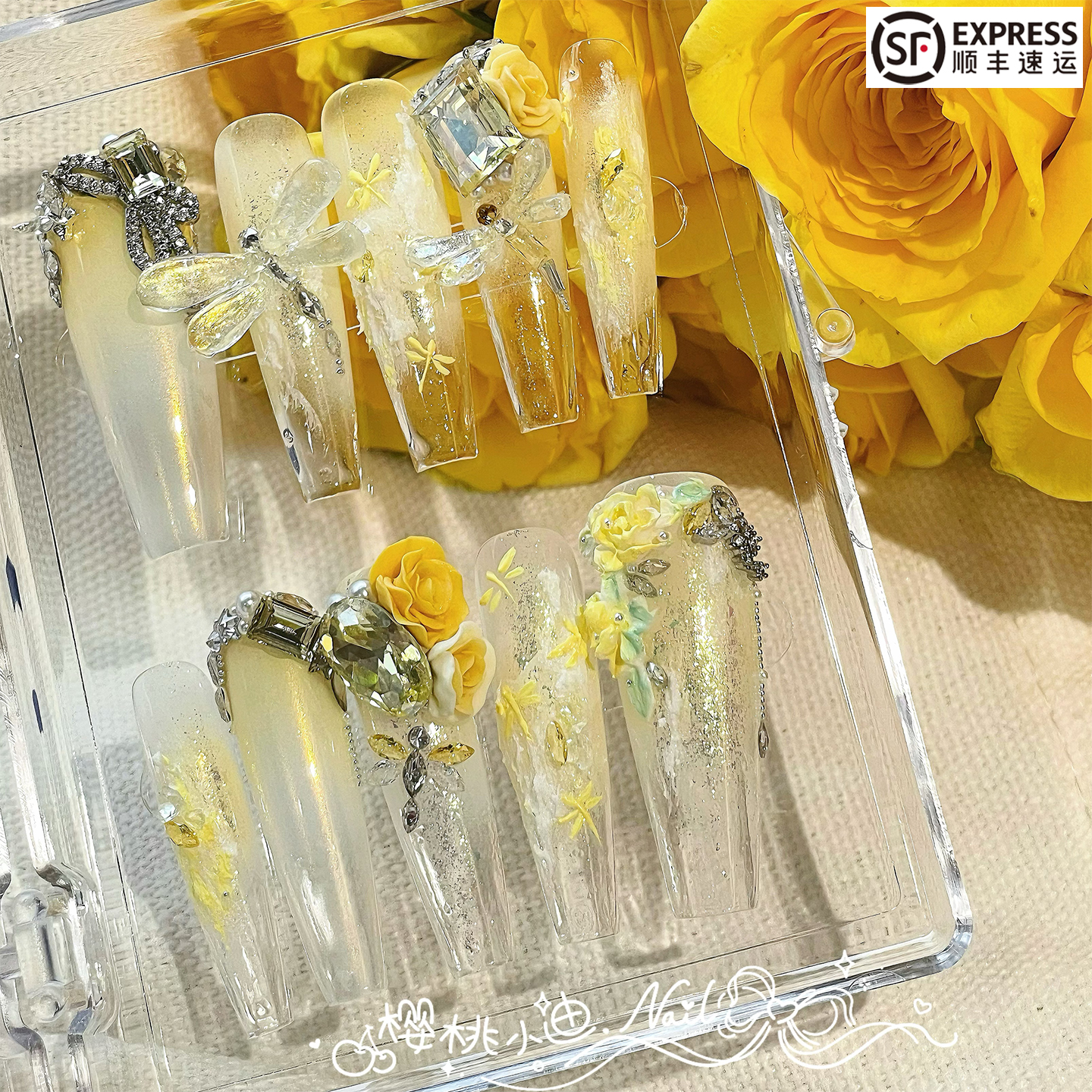 玫瑰蜻蜓立体雕花手工定制穿戴甲