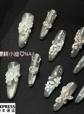 圣洁之歌婚甲手工穿戴甲立体雕花蝴蝶清透气质新款可拆卸美甲贴片