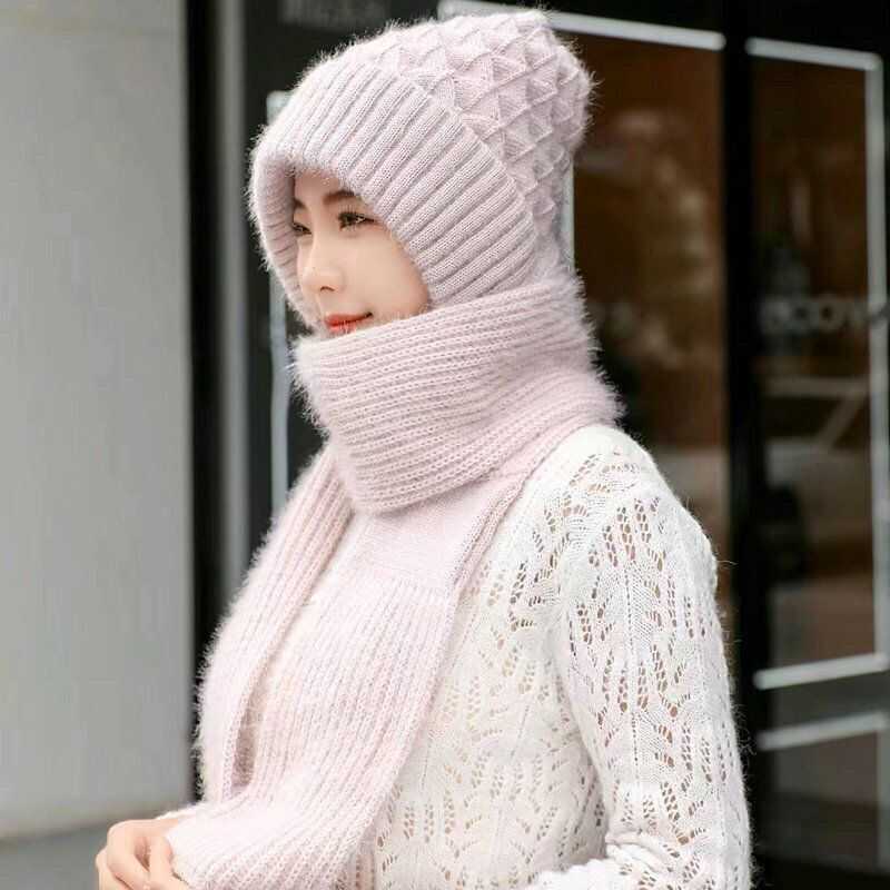 冬天防寒帽子围巾一体插口式菠萝款女士一体帽松鼠绒风雪帽秋冬新