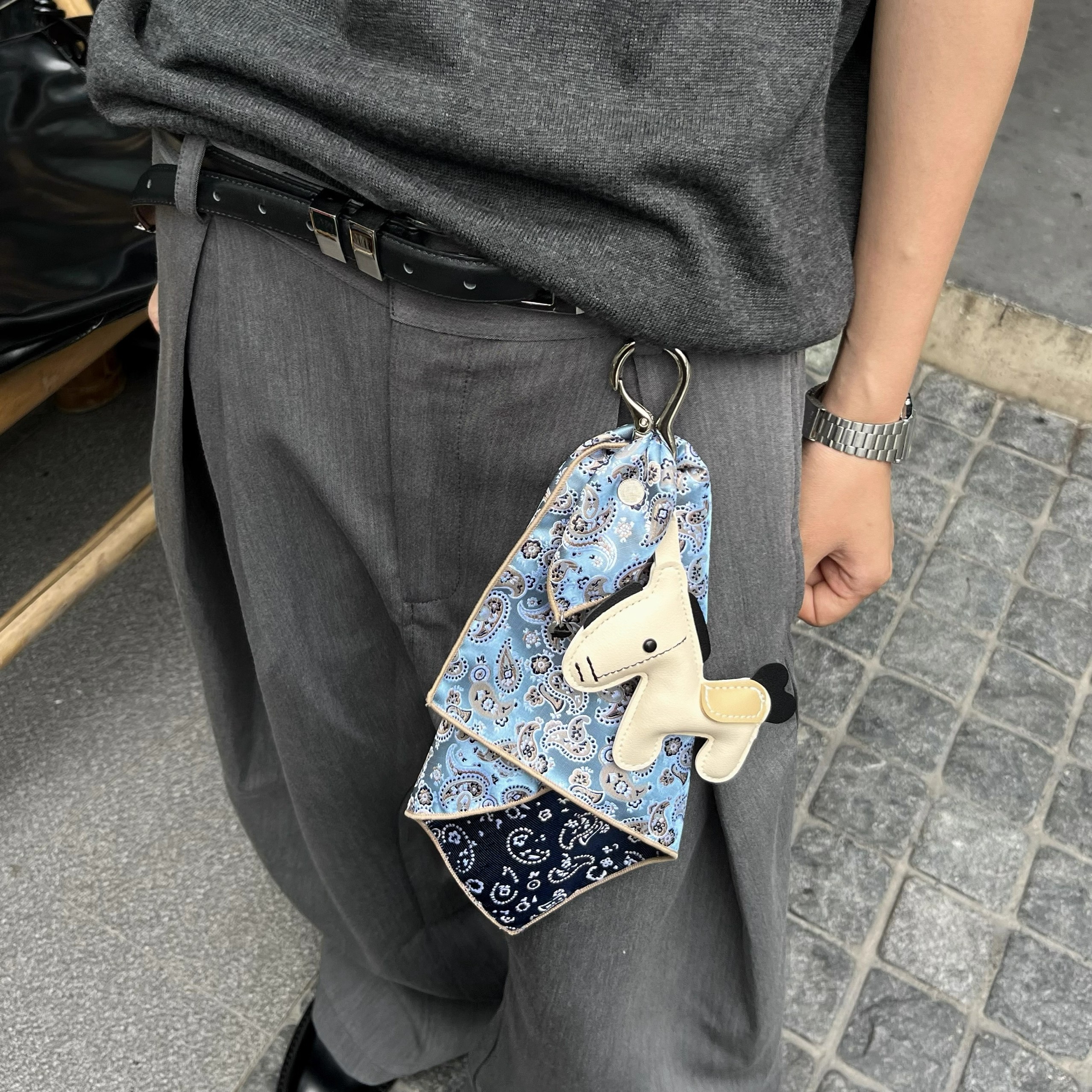 SFSN原创设计质感皮革小马提花方巾包包挂件钥匙扣