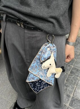 SFSN原创设计质感皮革小马提花方巾包包挂件钥匙扣