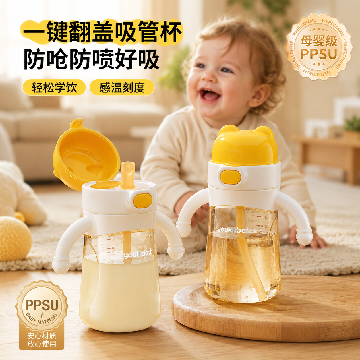 ppsu儿童直饮吸管杯7月+一键翻盖宝宝喝奶水杯婴儿防呛奶瓶牛奶杯