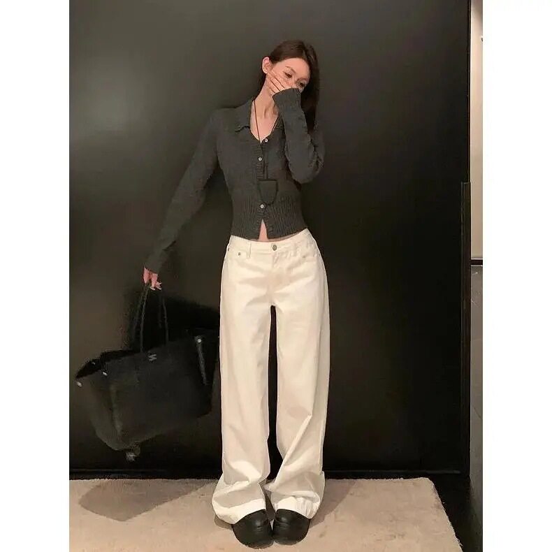 白色高腰阔腿牛仔裤女202