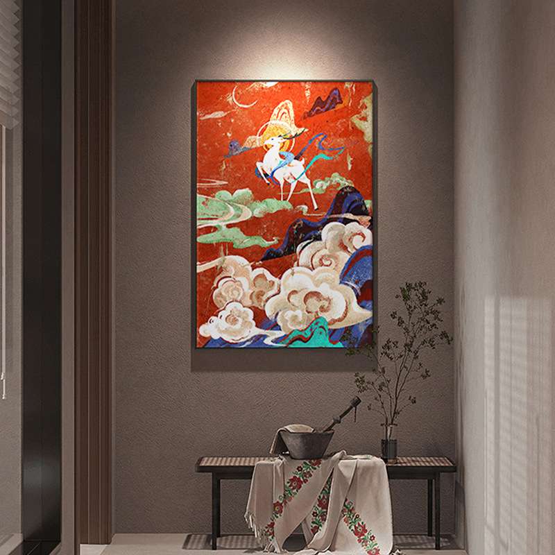 发财鹿玄关挂画高级感新中式入户走廊过道装饰画红色敦煌客厅壁画图片