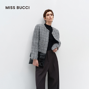 MISS BUCCI 秋冬款时尚圆领重工短款羊毛混纺粗呢小香风外套女