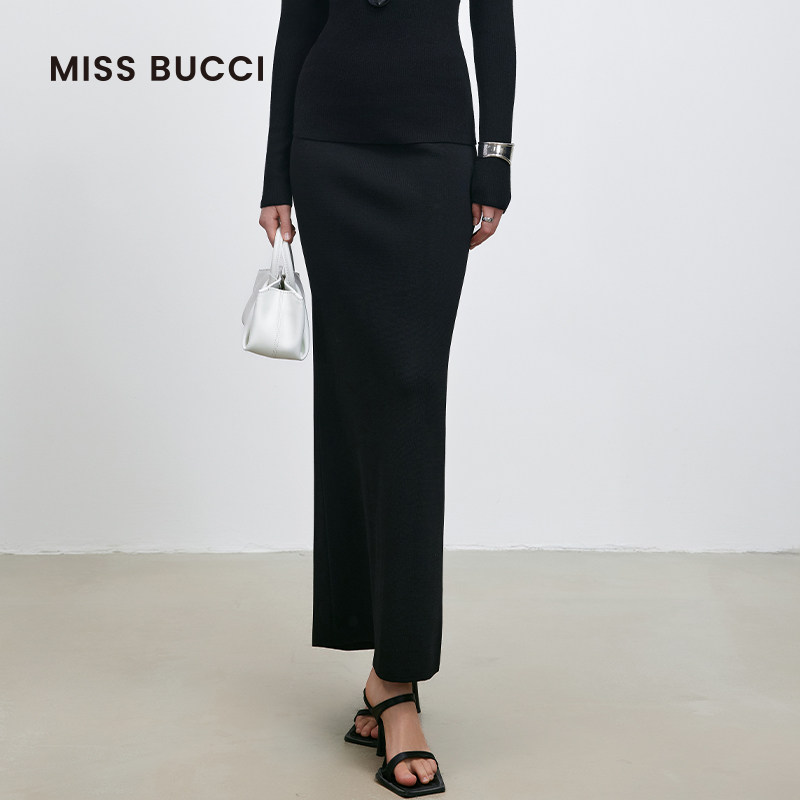 MISS BUCCI 春夏款女士高腰时尚修身中长款拉链半身裙开衩A字裙女