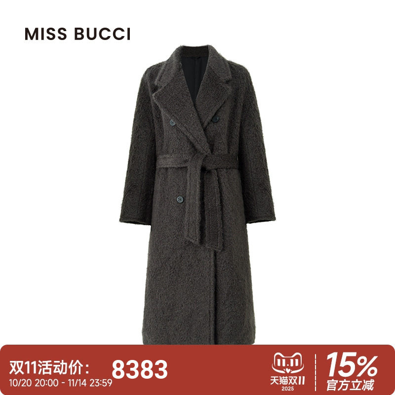 MISS BUCCI秋冬新款优雅气质拉毛毛呢外套平驳领泰迪熊长款大衣女