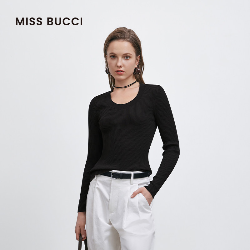 MISS BUCCI春夏季女士修身显瘦圆领套头绵羊毛百搭针织衫毛衣女