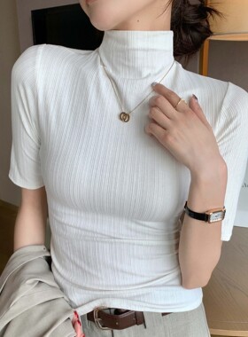 2026早春简约半高领五分袖T恤女修身显瘦螺纹内搭遮阳打底衫上衣