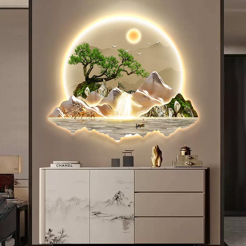 流水财新中饰式生玄关装画入户正对门迎客松山水H1024带灯发光画