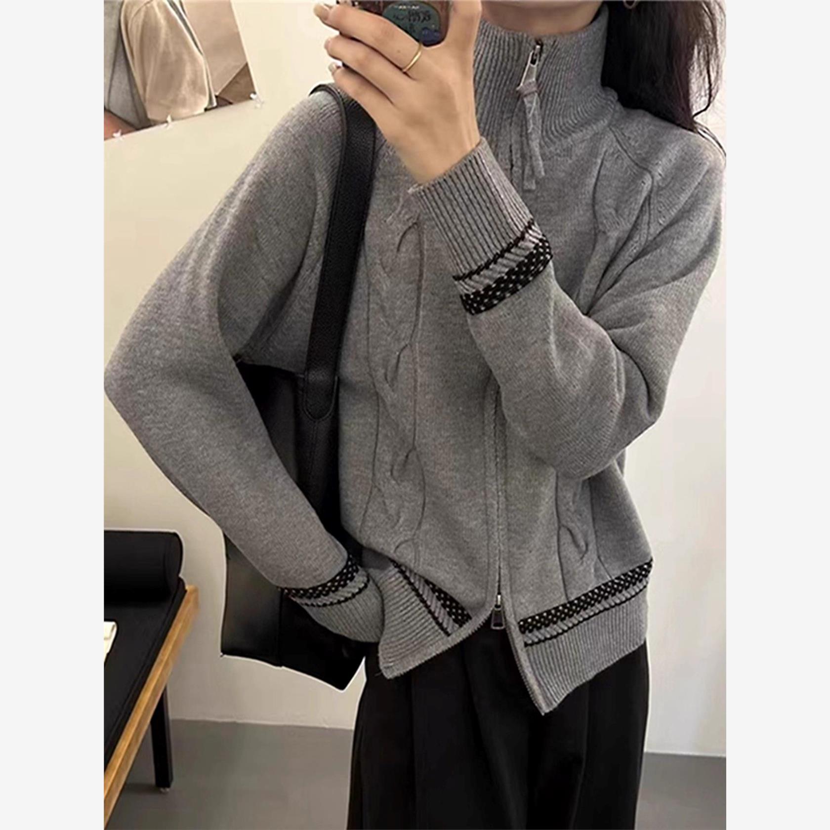 秋冬新款高领女加厚插肩半拉炼短款毛衣外套宽松扭花针织开衫女装