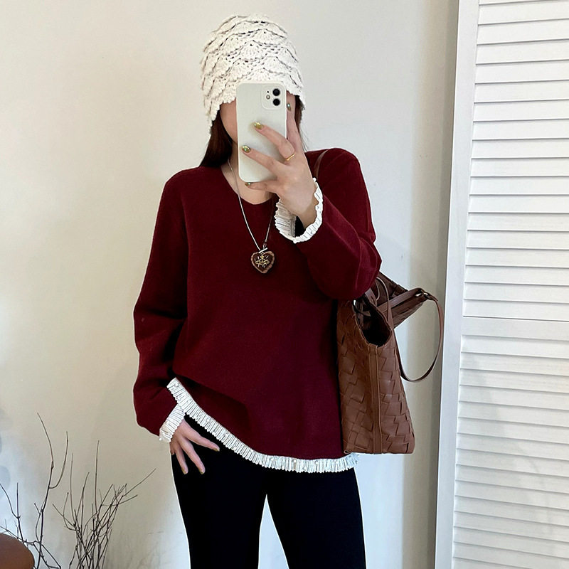 大码女装撞色拼接花边上衣女宽松软糯毛衣2025冬胖mm针织衫23570