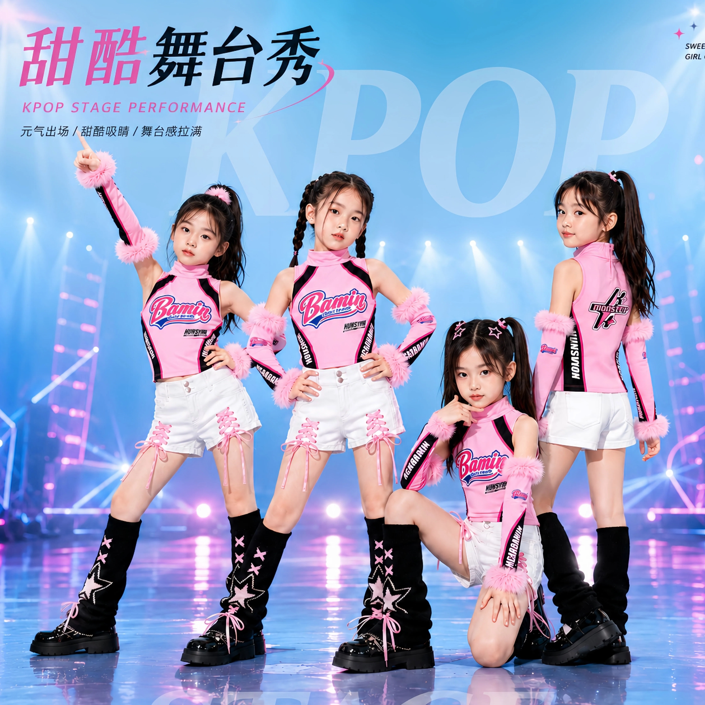 女童多巴胺粉色爵士舞演出服套装图片