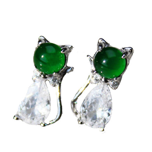 天然冰绿翡翠猫925银水滴形耳环