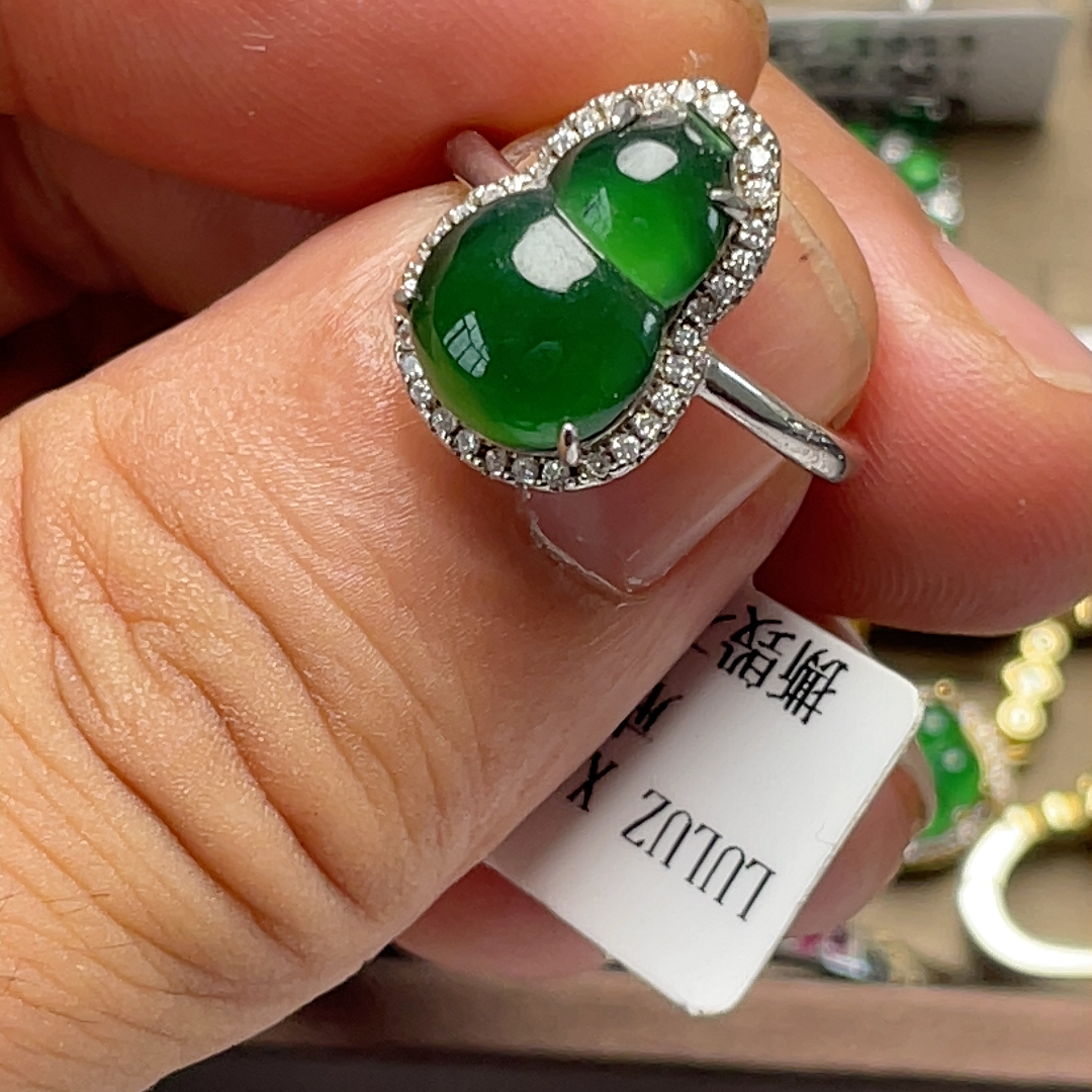 天然翡翠冰种葫芦925银戒指