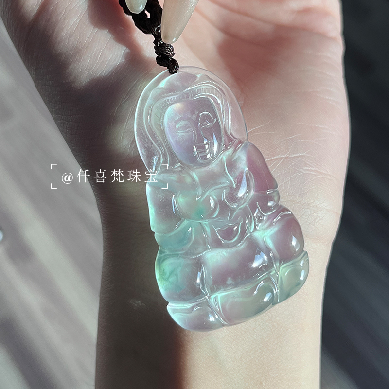 仟喜梵“露华清”翡翠玉观音吊坠缅甸冰种飘花翡翠吊坠男女款处理
