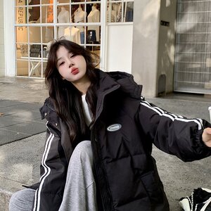 黑色羽绒棉服女冬季2024新款韩系宽松学院风情侣百搭连帽加厚棉袄