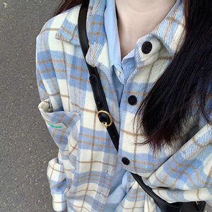 厚款毛尼料蓝色格子衬衫女装2024秋季新款港风chic长袖上衣外套
