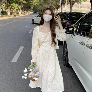 法式初恋中长款裙子女小个子吊带连衣裙+褶皱长袖防晒衣