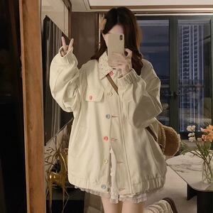 美式高街甜美风设计粉色小碎花牛仔外套女秋宽松百搭上衣新款