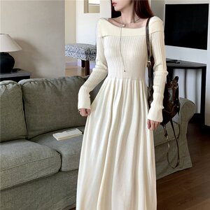 早秋韩版一字肩长袖连衣裙女秋季甜美小香风纯色气质针织大摆长裙