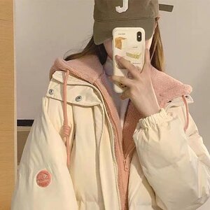 冬季假两件棉服外套女2024新款设计感宽松连帽加厚保暖面包服棉衣