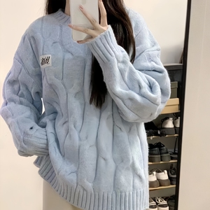 慵懒风麻花奶fufu蓝色套头毛衣秋冬韩版小个子显瘦宽松加厚针织衫