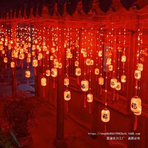新款太阳能福字灯串小红灯笼春节新年小彩灯装饰阳台户外庭院挂饰