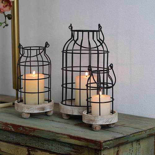 复古铁艺灯笼烛台风灯庭院装饰摆件花园金属蜡烛台三件套布置道具