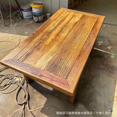 中式老榆木餐饮饭店餐桌风化老门板长方形茶桌禅意古典实木茶桌